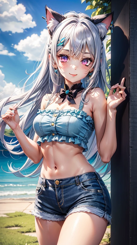 absurderes, ultra-detailliert,bright colour, (Black Floral Bikini:1.4),(Bring your chest together with your hands:1.4),(Happy smile:1.4),extremely beautiful detailed anime face and eyes, view straight on, ;D, shiny_skin,25 years old, Short hair, , asymmetrical bangs, Blonde hair with short twin tails,(Forehead:1.2), Shiny hair, Delicate beautiful face, red blush、(cyan eyes:1.1), White skin, hair clips, earrings, a necklace,  Beautiful cloud, Blue summer sky、A park full of nature