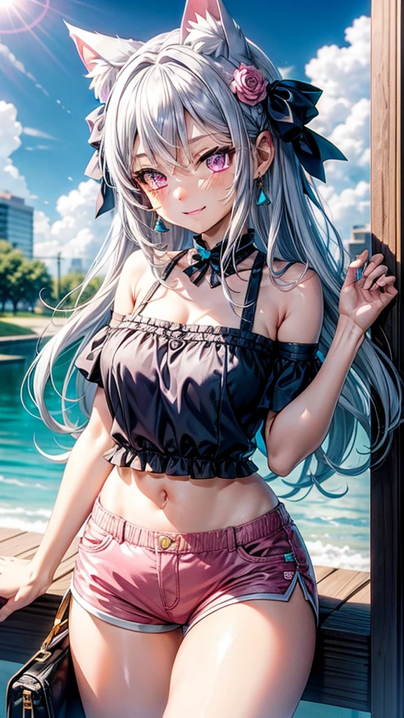 Silver hair, pink eyes, body, cat ears, adult girl, earrings, flower sky background, aqua blue gold shorts, hair bows, happy face, thigh up