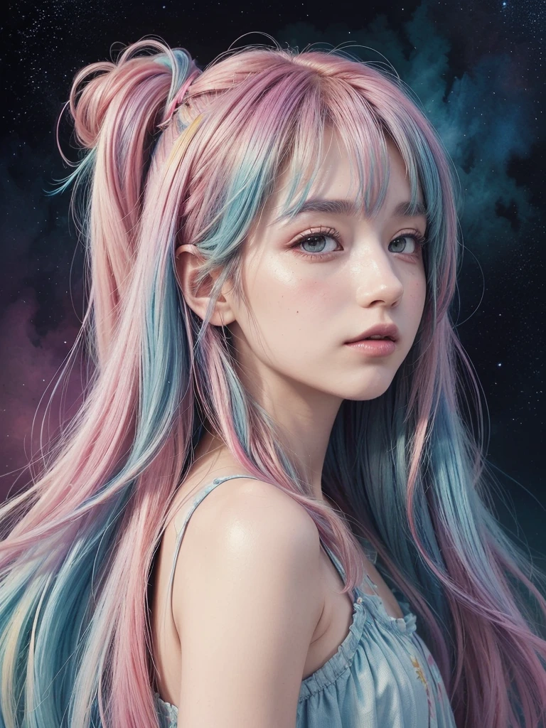 (masterpiece, top quality, best quality,watercolor (medium),official art, beautiful and aesthetic:1.2),(1girl:1.3), (fractal art:1.3),upper body, from side, looking at viewer,patterns,(rainbow color Hair,colorful hair,half blue and half pink hair:1.2),water,liquid, cloud,colorful, starry,stars, hatsune miku