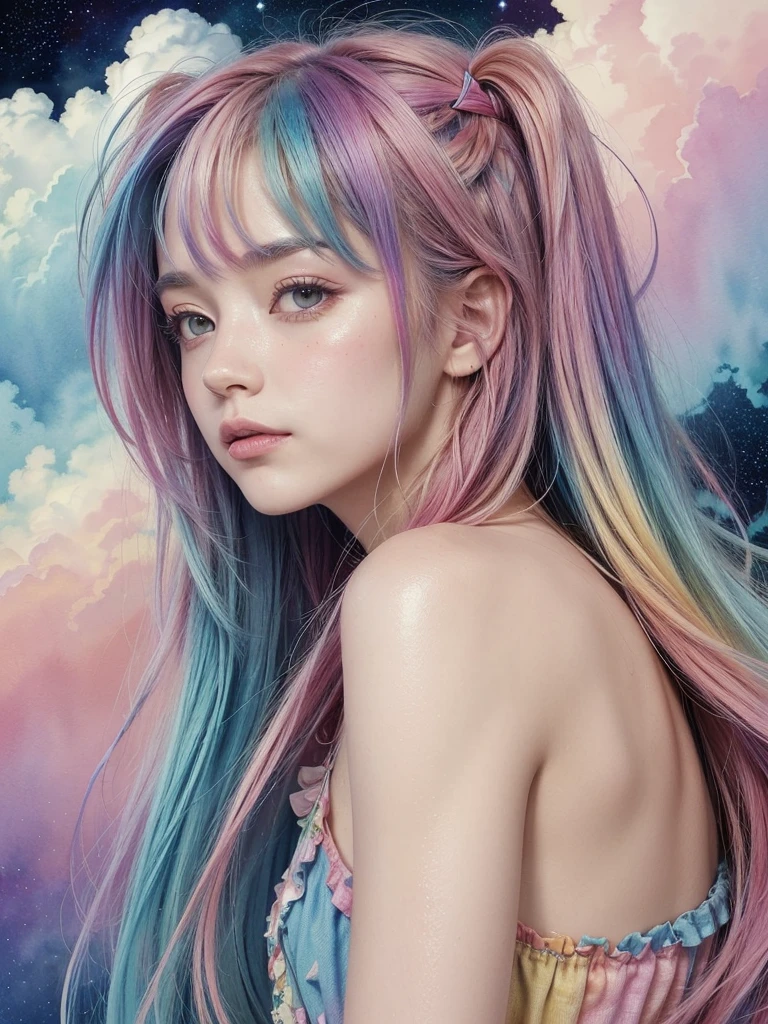 (masterpiece, top quality, best quality,watercolor (medium),official art, beautiful and aesthetic:1.2),(1girl:1.3), (fractal art:1.3),upper body, from side, looking at viewer,patterns,(rainbow color Hair,colorful hair,half blue and half pink hair:1.2),water,liquid, cloud,colorful, starry,stars, hatsune miku