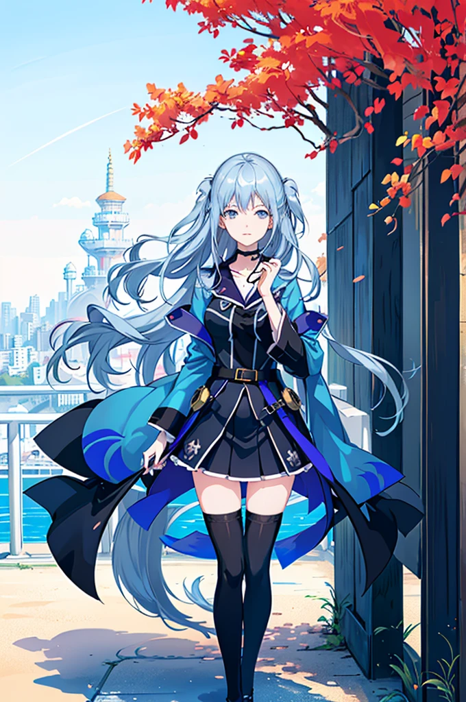 1girl,  solo, outdoors, long hair, holy place, Original,(Illustration:1.1),(Best Quality),(masutepiece:1.1),(the Extremely Detailed CG Unity 8K Wallpapers:1.1), (Colorful:0.9),(mid-shot:0.95),(extremely detailed beautiful face),(Solo:1.2), (girl),(((Lori))), (Detailed beautiful eyes:1.15), (Beautiful face:1.15), (Glowing blue eyes:1.25////),(((sky blue Long Hair))),(two side up),(+perfect hand+:1.21),(Draw illustration of Japan priestess costume),(slender),(White pleated skirt),(Gothic),((black thighhighs)),(frilld),(Beautiful Slender Lolita Girl),hallowween,standing, girl,10 years old,  girl,foggy place,vampire,sky blue hair,((full body,whole body)),