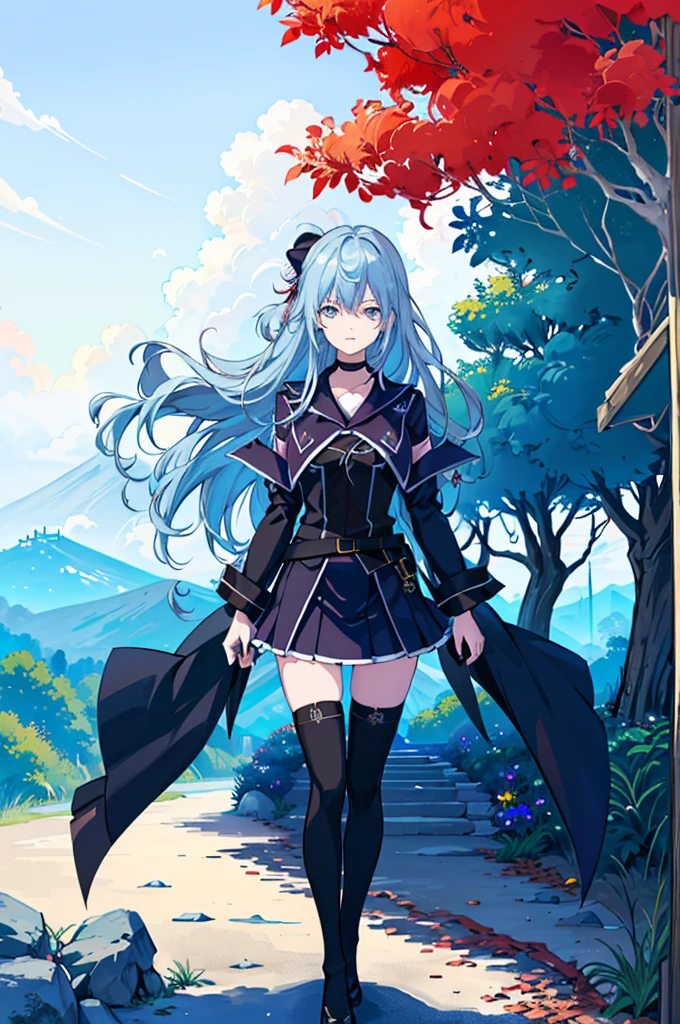 1girl, solo, outdoors, long hair, holy place, Original,(Illustration:1.1),(Best Quality),(masutepiece:1.1),(the Extremely Detailed CG Unity 8K Wallpapers:1.1), (Colorful:0.9),(mid-shot:0.95),(extremely detailed beautiful face),(Solo:1.2), (girl),(((Lori))), (Detailed beautiful eyes:1.15), (Beautiful face:1.15), (Glowing blue eyes:1.25////),(((sky blue Long Hair))),(two side up),(+perfect hand+:1.21),(Draw illustration of Japan priestess costume),(slender),(White pleated skirt),(Gothic),((black thighhighs)),(frilld),(Beautiful Slender Lolita Girl),hallowween,standing, girl,10 years old, girl,foggy place,vampire,sky blue hair,((full body,whole body)),