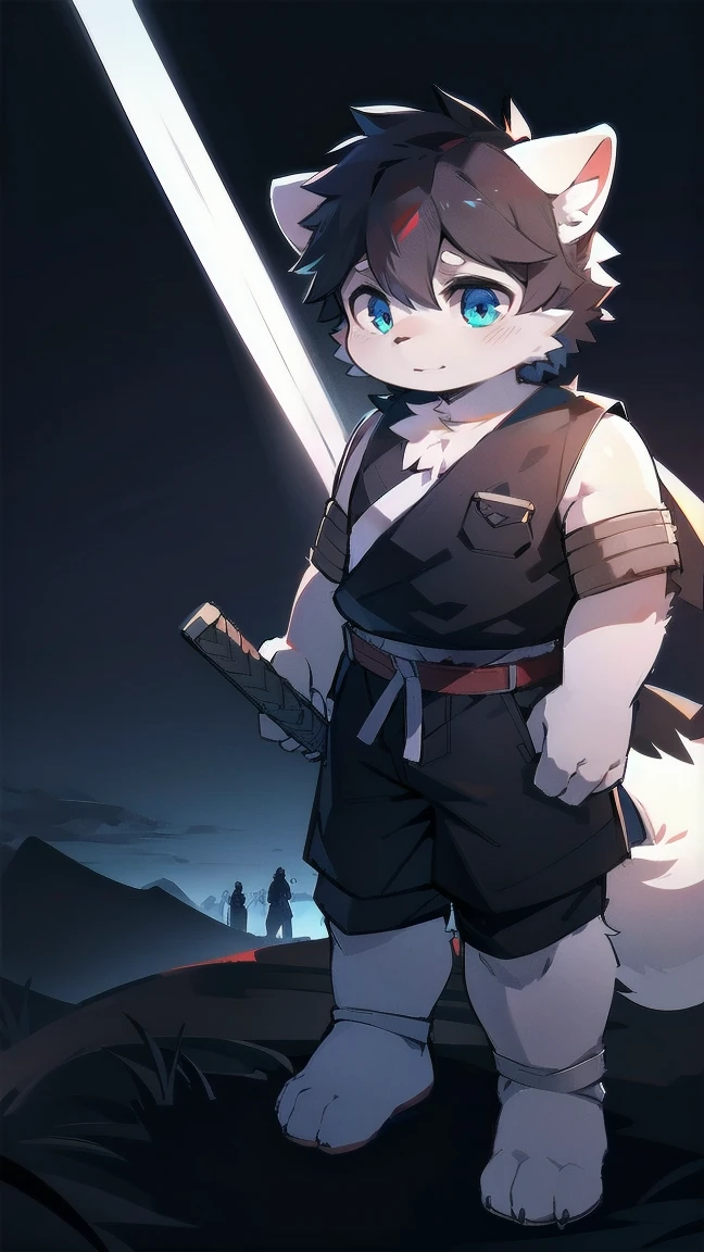 White Wolf,black hair,Sky blue eyes,hairy,Wolf ears,Wolf tail,Full body portrait,The character is in the center of the frame,Handsome,Confident eyes,male,juvenile,Black and white combat uniform,Red neck bib,Black shorts,Short sleeve,hairy arms and legs,Dark background,Dark battlefield,dawn,sunrise,dawn,illumination,shadow,Swordsman,Scabbard and sword,Hold the hilt of a sword in your hand,The scabbard is at the waist,Highest quality