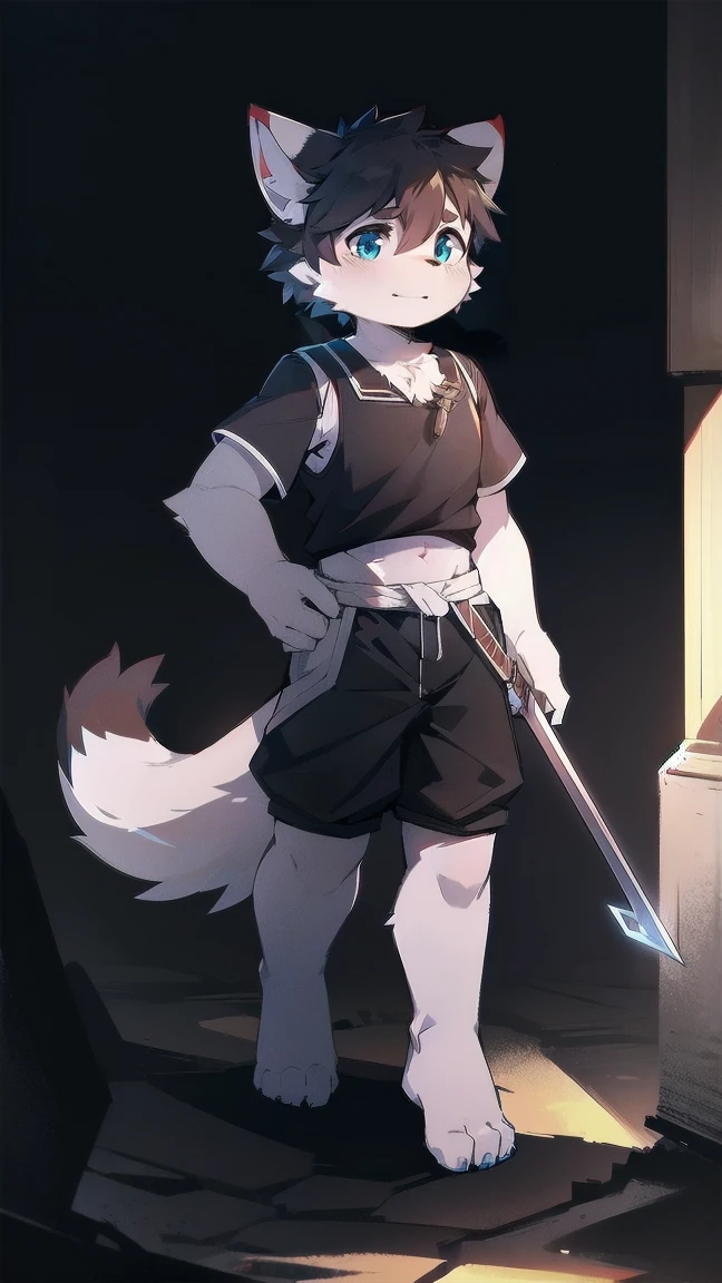 White Wolf,black hair,Sky blue eyes,hairy,Wolf ears,Wolf tail,Full body portrait,The character is in the center of the frame,Handsome,Confident eyes,male,juvenile,Black and white combat uniform,Red neck bib,Black shorts,Short sleeve,hairy arms and legs,Dark background,Dark battlefield,dawn,sunrise,dawn,illumination,shadow,Swordsman,Scabbard and sword,Hold the hilt of a sword in your hand,The scabbard is at the waist,Highest quality