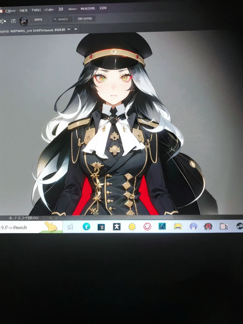 a millitary general with black and white hair, a red and green clockwork eyes.