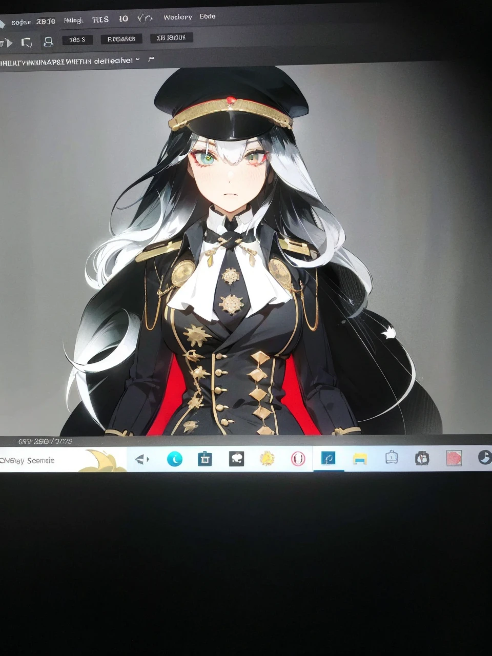 a millitary general with black and white hair, a red and green clockwork eyes.