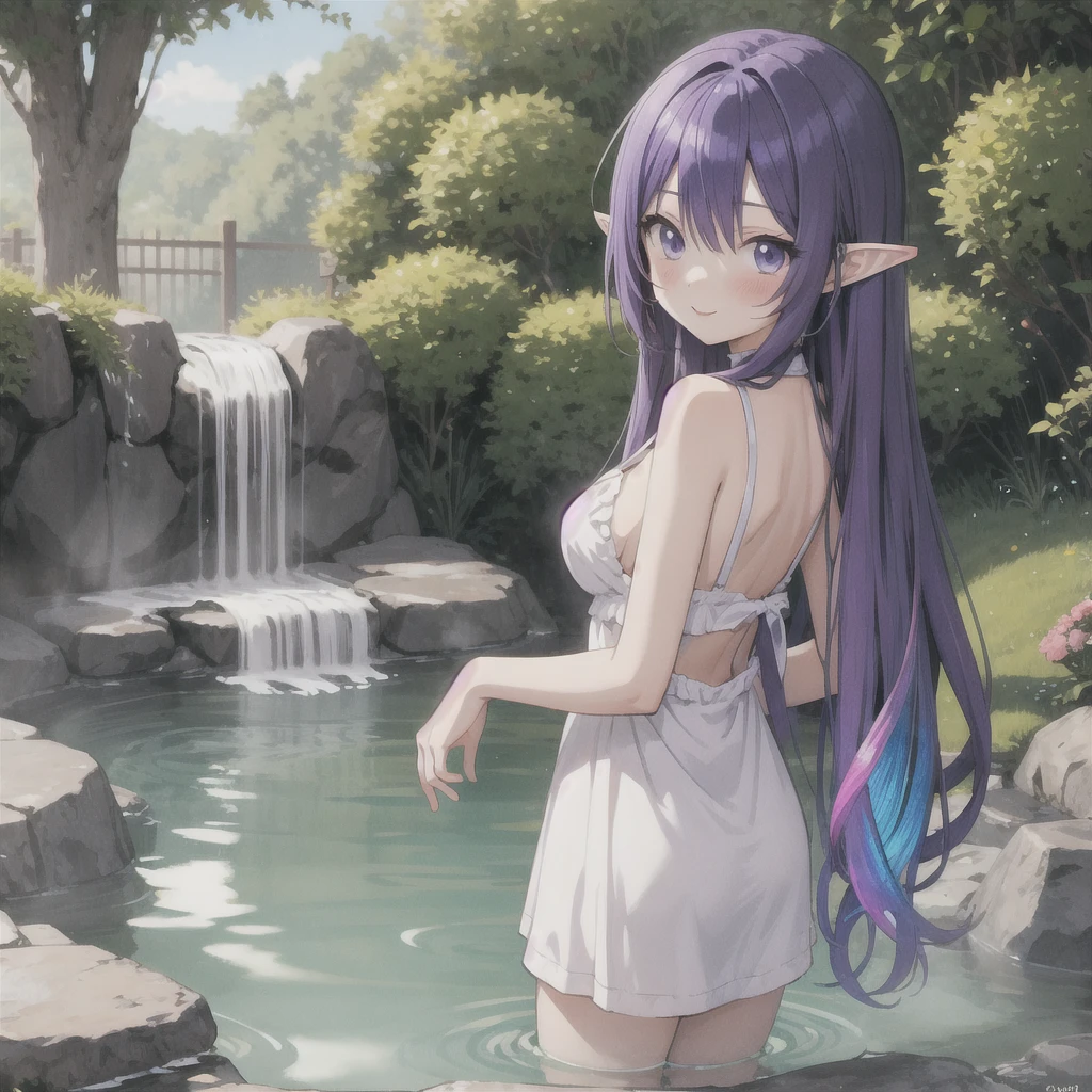 anime girl long purple hair {{Soak in a hot spring}}. she has pointy ears. Manga kawaii. iridescent ,An illustration