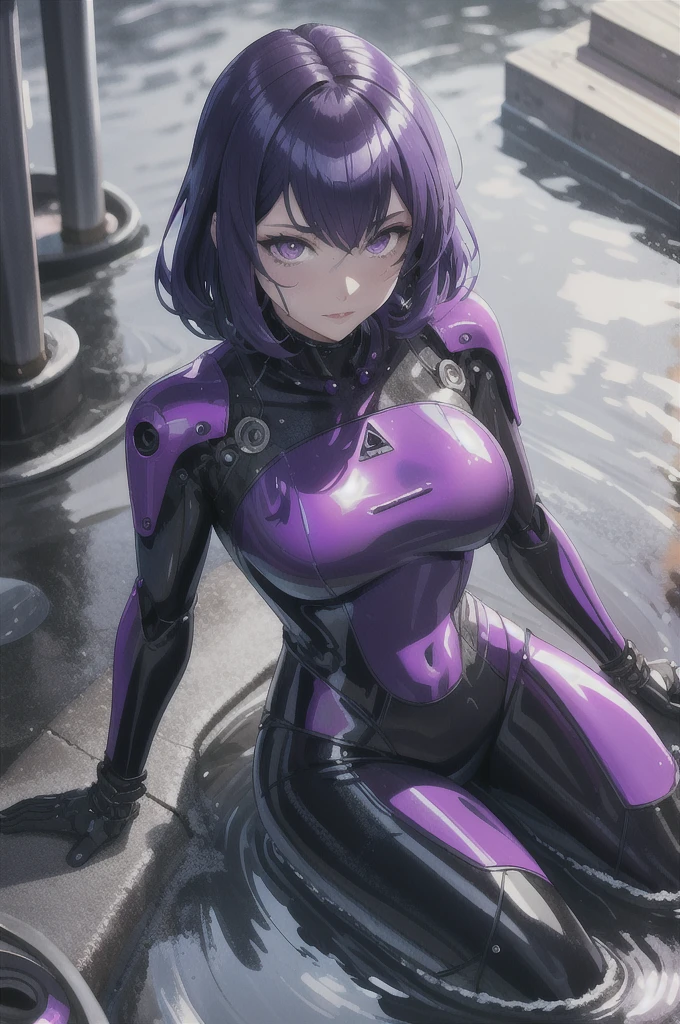Alafed woman in wetsuit sitting in puddle, glossy wet skin!!, wet shiny skin, Made of liquid purple metal, broken beautiful female android!, Beautiful Female Android!, perfect android girl, Seductive Anime Girl, biomechanical oppai, an oppai cyberpunk, Drenched body, Purple body, Latex skin, Cyborg girl, Wet look