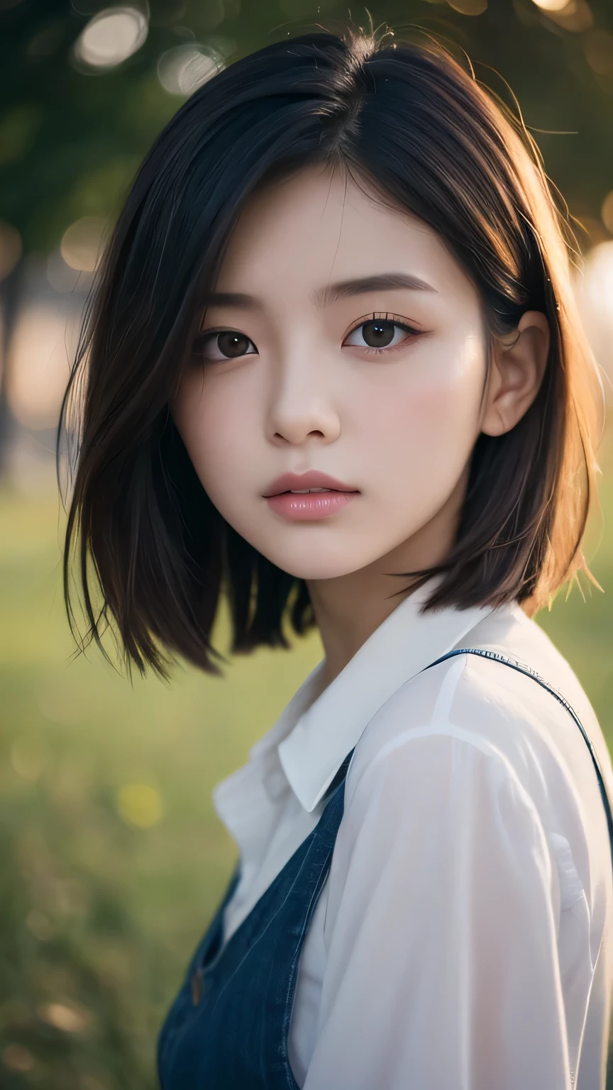 Gently illuminated by the warm light of the setting sun、Close-up portrait of a young woman with short wavy hair。The tips of the hair are slightly reddish.、Her lightly tousled hair frames her delicate face..。She stared into the distance、He has a thoughtful look on his face.。lips slightly open、I sense signs of weakness and curiosity..。The background is a blue and pink gradient.、It creates a dreamy and fantastic atmosphere。The overall atmosphere is quiet and gloomy.、There'Nostalgia wafts。
