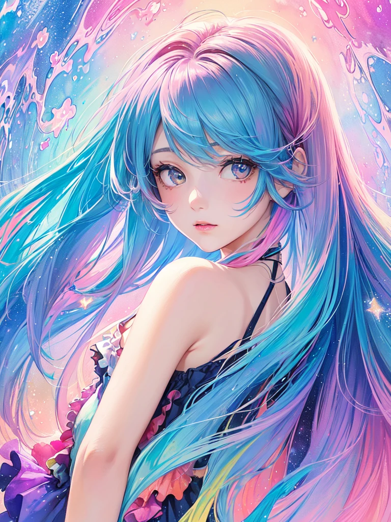 (masterpiece, top quality, best quality,watercolor (medium),official art, beautiful and aesthetic:1.2),(1girl:1.3), (fractal art:1.3),upper body, from side, looking at viewer,patterns,(rainbow color Hair,colorful hair,half blue and half pink hair:1.2),water,liquid, cloud,colorful, starry,stars, hatsune miku