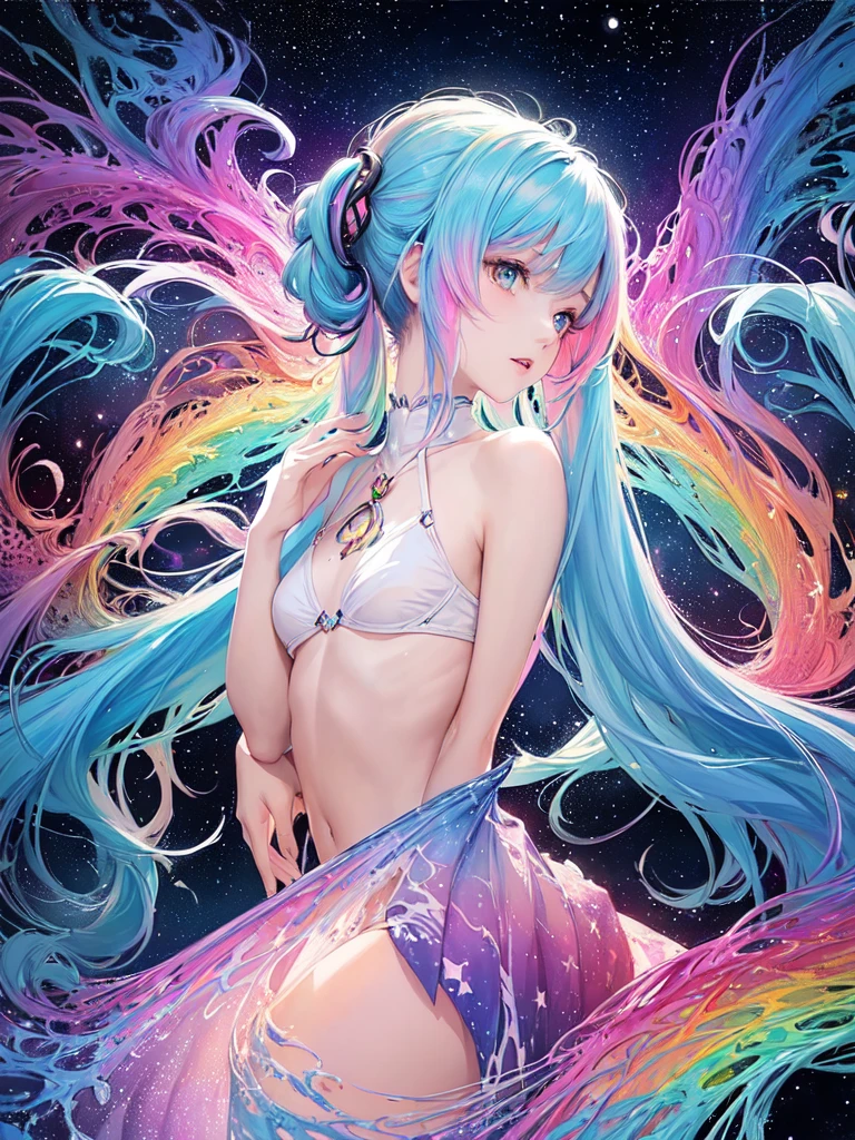 (masterpiece, top quality, best quality,watercolor (medium),official art, beautiful and aesthetic:1.2),(1girl:1.3), (fractal art:1.3),upper body, from side, looking at viewer,patterns,(rainbow color Hair,colorful hair,half blue and half pink hair:1.2),water,liquid, cloud,colorful, starry,stars, hatsune miku