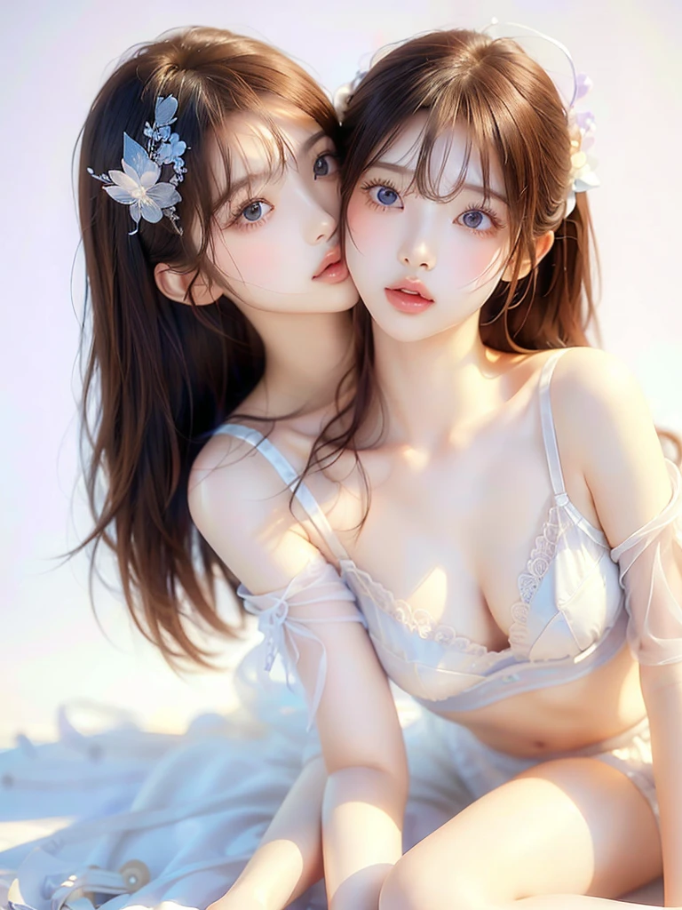 White Background、Professional Lighting、(((Professional Lighting 1.5)))、Translucent skin texture、Beautiful Skin、Beautiful Skin、、(((Tiny Bra 1.5)))、(((High Leg 1.5)))、(((See-through 1.2)))、fluttering feathers、Ecstasy of Musical Notes、((Nude 1.5))、Face close-up、Professional Lighting、Flowing hair and clothes、(((kissing pose 1.4)))、2people々 girl、