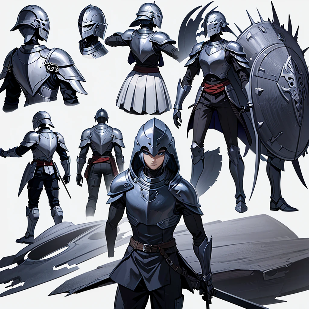 ((Full body character concept, Detailed character design))、(From the back、Back view、back)、Highest quality, Best Quality,Best illustrations、(((Iron Helmet))),Medieval Armor、Medieval Knight、Full grey armor、(((20-year-old male)))、Dramatic Angle、(battle)、battlefield、Movement angle、Grab the sword、wasteland、(Fighting stance)、Run、(((White background)))、(shieldを掴む、shield)、(From above at an angle)、10 people