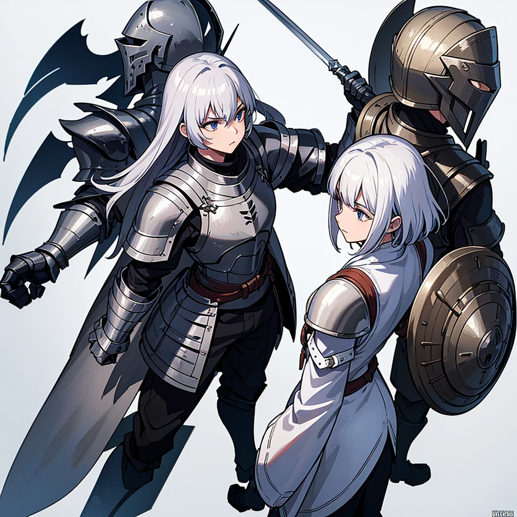 ((Full body character concept, Detailed character design))、(From the back、Back view、back)、Highest quality, Best Quality,Best illustrations、(((Iron Helmet))),Medieval Armor、Medieval Knight、Full grey armor、(((20-year-old male)))、Dramatic Angle、(battle)、battlefield、Movement angle、Grab the sword、wasteland、(Fighting stance)、Run、(((White background)))、(shieldを掴む、shield)、(From above at an angle)、10 people