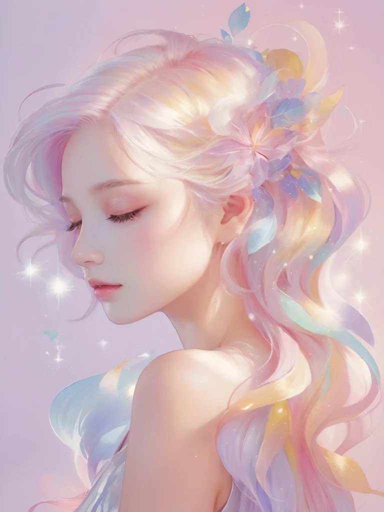 Long hair、Close-up of a woman with flowers in her hair, rossdraws pastel vivid, Beautiful artwork illustration, Beautiful digital illustrations, Inspired by Yanjun Chen, Beautiful anime portraits, Soft anime illustration, Exquisite digital illustrations, Heavenly Beauty, In the art style of Bouwater, Beautiful fantasy art portraits, Pastel drawing, Beautiful digital painting