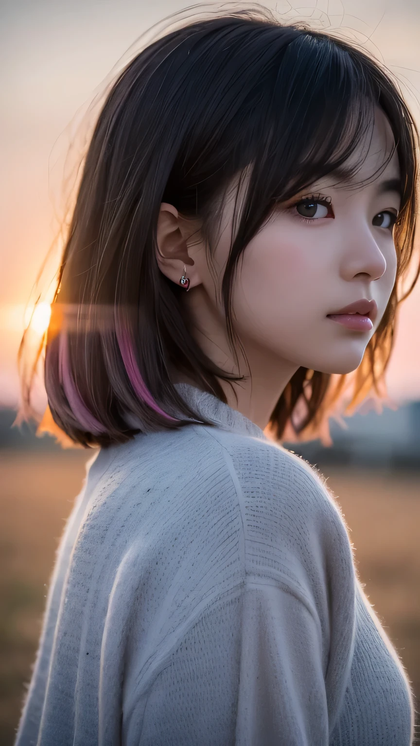 Gently illuminated by the warm light of the setting sun、Close-up portrait of a young woman with short wavy hair。The tips of the hair are slightly reddish.、Her lightly tousled hair frames her delicate face..。She stared into the distance、He has a thoughtful look on his face.。lips slightly open、I sense signs of weakness and curiosity..。The background is a blue and pink gradient.、It creates a dreamy and fantastic atmosphere。The overall atmosphere is quiet and gloomy.、There'Nostalgia wafts。