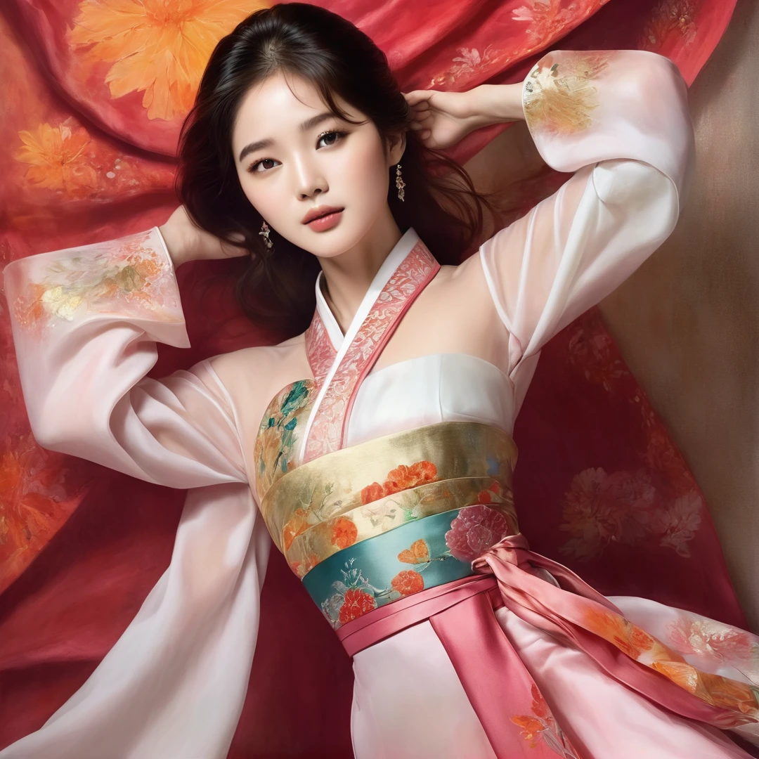 A stunning painting of Song Hye-kyo, renowned South Korean actress, model, and dancer, in a mesmerizing mahwa art style. She is dressed in a traditional Korean hanbok, her hands delicately tied together behind her wall high with a shimmering gold chain. The soft folds of her exquisite hanbok drape seductively over her body, accentuating her curves and revealing her toned thighs. Her head is slightly tilted back, and her eyes are closed, as if lost in the melody of an enchanting song. The background of the painting is a blend of vibrant reds, oranges, and yellows, creating a warm and inviting atmosphere that perfectly complements Song Hye-kyo's ethereal beauty. The contrast between her pale skin and the rich colors of her hanbok is striking, drawing the viewer's eye to every detail of her flawless features and alluring figure. The pose, with her hands tied behind her back wall, adds a sense of vulnerability and intimacy to the image, making it both alluring and captivating.