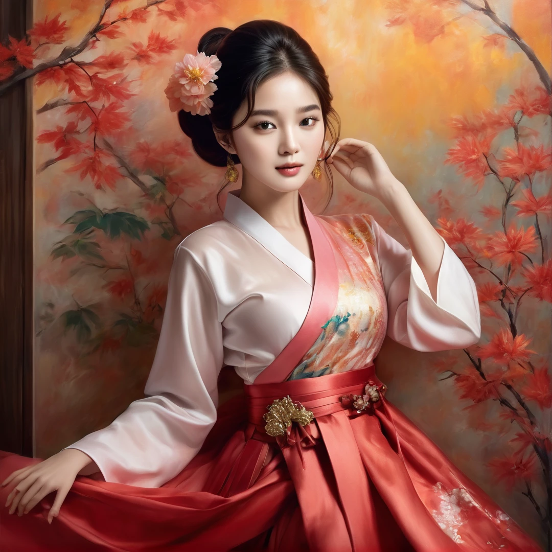 A stunning painting of Song Hye-kyo, renowned South Korean actress, model, and dancer, in a mesmerizing mahwa art style. She is dressed in a traditional Korean hanbok, her hands delicately tied together behind her wall high with a shimmering gold chain. The soft folds of her exquisite hanbok drape seductively over her body, accentuating her curves and revealing her toned thighs. Her head is slightly tilted back, and her eyes are closed, as if lost in the melody of an enchanting song. The background of the painting is a blend of vibrant reds, oranges, and yellows, creating a warm and inviting atmosphere that perfectly complements Song Hye-kyo's ethereal beauty. The contrast between her pale skin and the rich colors of her hanbok is striking, drawing the viewer's eye to every detail of her flawless features and alluring figure. The pose, with her hands tied behind her back wall, adds a sense of vulnerability and intimacy to the image, making it both alluring and captivating.