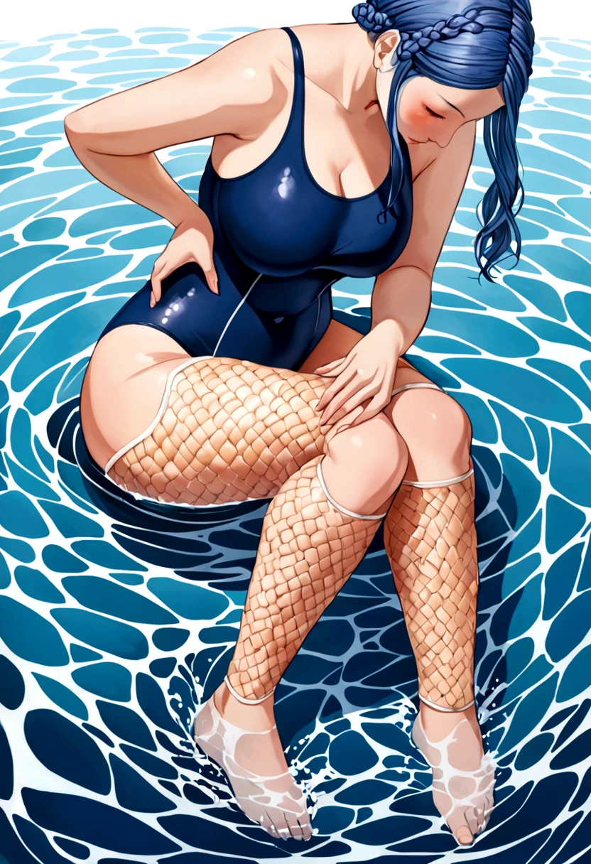 Woman with Lymphedema, long navy water color swimsuit, with side braided hair, immersed in the water performing a draining self-massage on the right leg on the outside of the thigh 