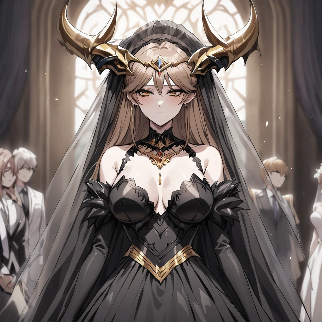 ((Highest quality)), ((masterpiece)), (detailed), (Perfect Face)、The woman is Princess Leona, who is having a wedding ceremony with the Demon King. She has medium-long light brown hair and is wearing a gorgeous black wedding dress decorated with gold and a black wedding veil. She is having a wedding ceremony with a man who is the Demon King of a dignified evil organization.、Women are brainwashed, expressionless, and have no highlights in their eyes.、The woman is getting married to a powerful demon king of an evil organization.、The powerful demon king of the evil organization embraces the woman.
