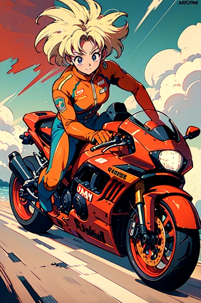 Goku from Dragon Ball, Black, spiky, Yellow and blue racing suit with "CAPSULE" and "BS" logos, number 14, Purple motorcycle with yellow accents, labeled "CAPSULE" and number 14
 Goku riding the motorcycle, dynamic pose, Manga, Akira Toriyama's signature style Energetic, adventurous, Simple, light blue circular backdrop,