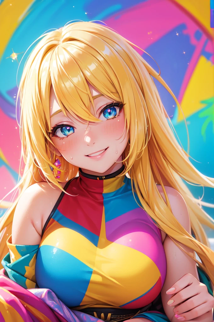 (High quality, High resolution, Fine details), vibrant background, (A woman painted with colorful paint), vivid colors, solo, curvy women, flowing blond hair, sparkling eyes, (Detailed eyes:1.2), smile, blush, Sweat, Oily skin, shallow depth of field, professional lighting, bokeh, colorful palette