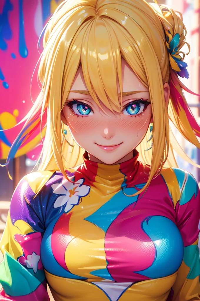 (High quality, High resolution, Fine details), vibrant background, (A woman painted with colorful paint), vivid colors, solo, curvy women, flowing blond hair, sparkling eyes, (Detailed eyes:1.2), smile, blush, Sweat, Oily skin, shallow depth of field, professional lighting, bokeh, colorful palette