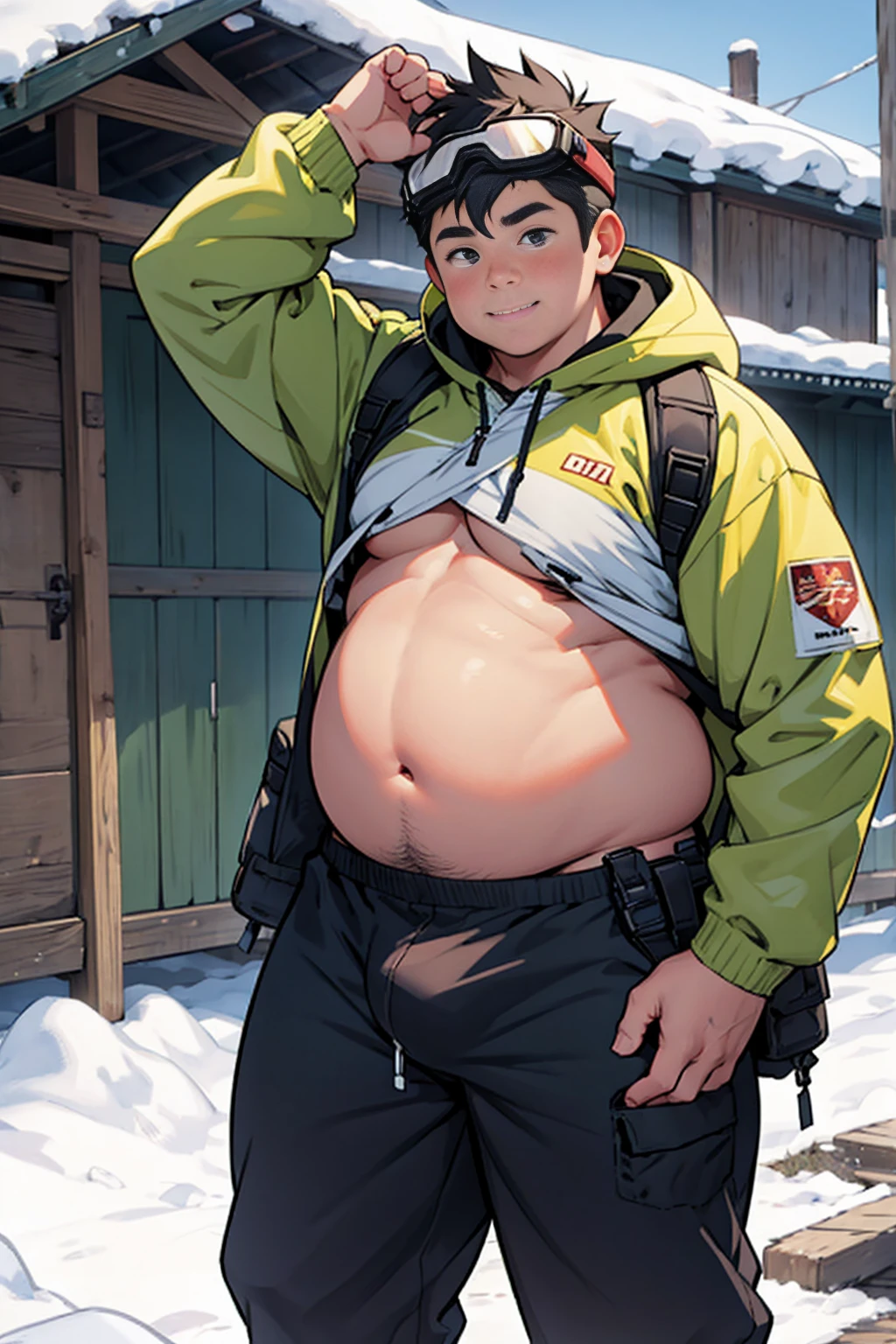 Draw a chubby cute man，Stand in front of a hut in the snow。Goggles are worn on the forehead，Wear thick adventure clothing，The clothes are open to reveal the belly，Chubby 18 year old boy，The crotch protrudes，pupils，prominent pubis，Shy，The crotch protrudes，Protruding pubis，The crotch is raised