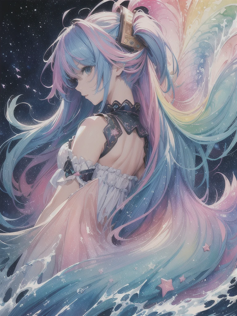 (masterpiece, top quality, best quality,watercolor (medium),official art, beautiful and aesthetic:1.2),(1girl:1.3), (fractal art:1.3),upper body, from side, looking at viewer,patterns,(rainbow color Hair,colorful hair,half blue and half pink hair:1.2),water,liquid, cloud,colorful, starry,stars, hatsune miku