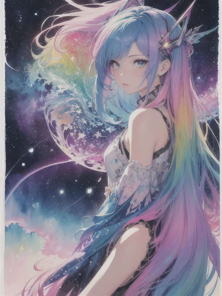 (masterpiece, top quality, best quality,watercolor (medium),official art, beautiful and aesthetic:1.2),(1girl:1.3), (fractal art:1.3),upper body, from side, looking at viewer,patterns,(rainbow color Hair,colorful hair,half blue and half pink hair:1.2),water,liquid, cloud,colorful, starry,stars, hatsune miku