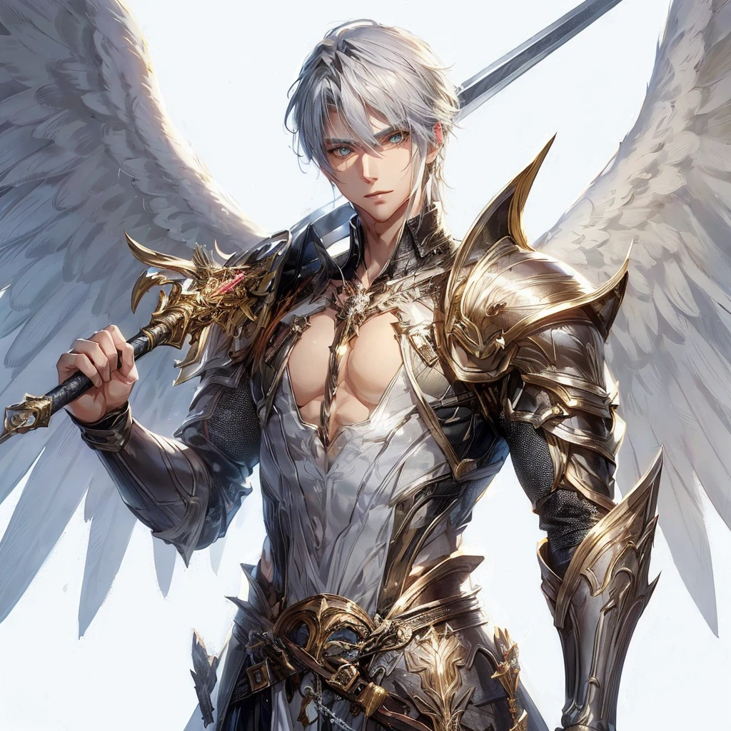 Highly detailed, High Quality, Masterpiece, beautiful,I want an image of a man with white hair and skin, who is attractive and has two angel wings and medieval armor and a long sword. I also want the eyes to be more detailed and the hair looks good. I want it short.