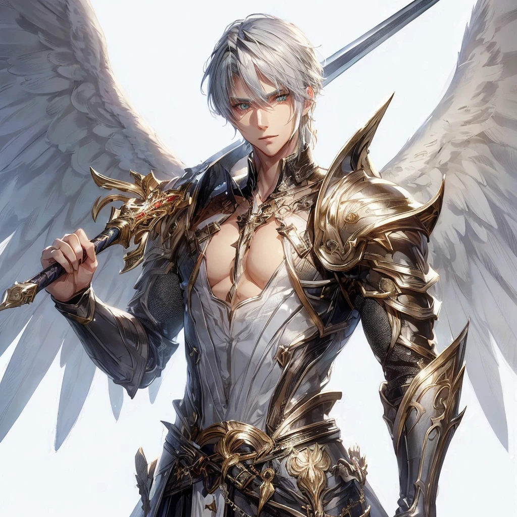 Highly detailed, High Quality, Masterpiece, beautiful,I want an image of a man with white hair and skin, who is attractive and has two angel wings and medieval armor and a long sword. I also want the eyes to be more detailed and the hair looks good. I want it short.