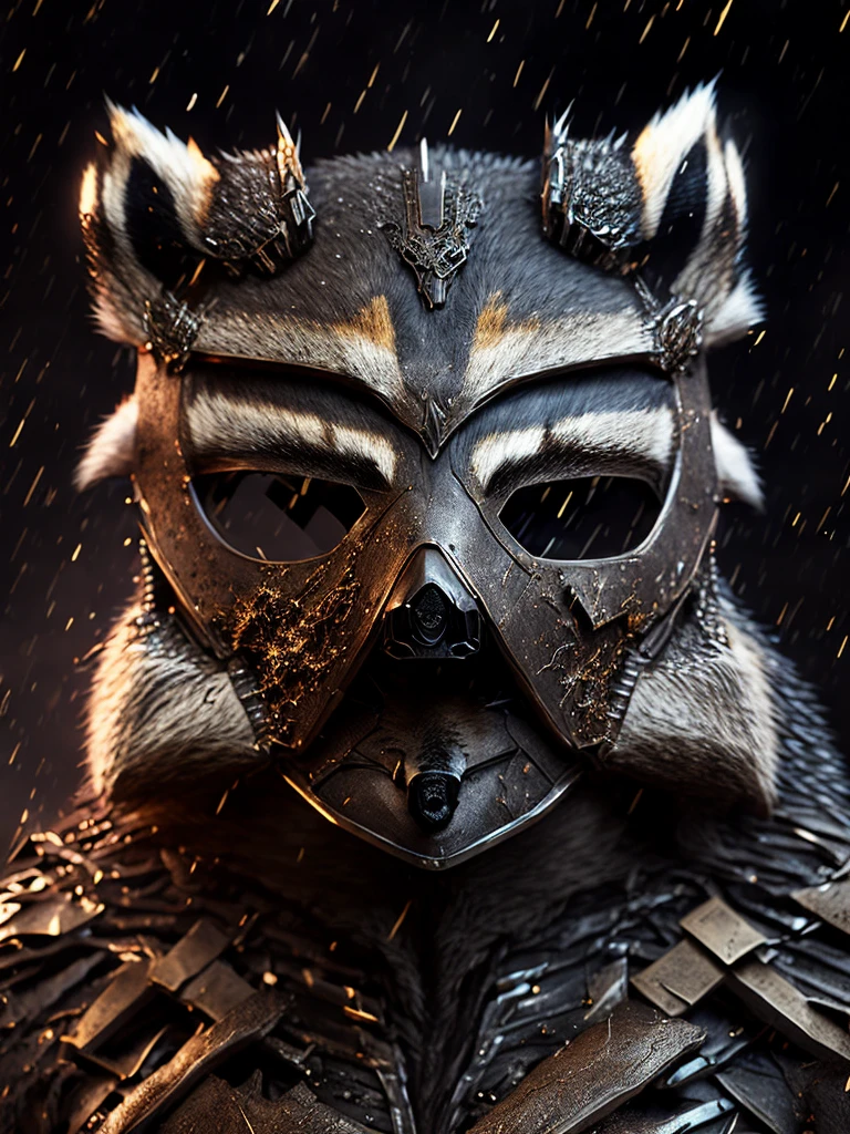 Close-up (Terminator Flash from DC in Viking style: 1.3) (raccoon mask:1.6), emerging from wet black mud, extremely detailed, smoke, sparks, metal shavings, flying debris, volumetric light