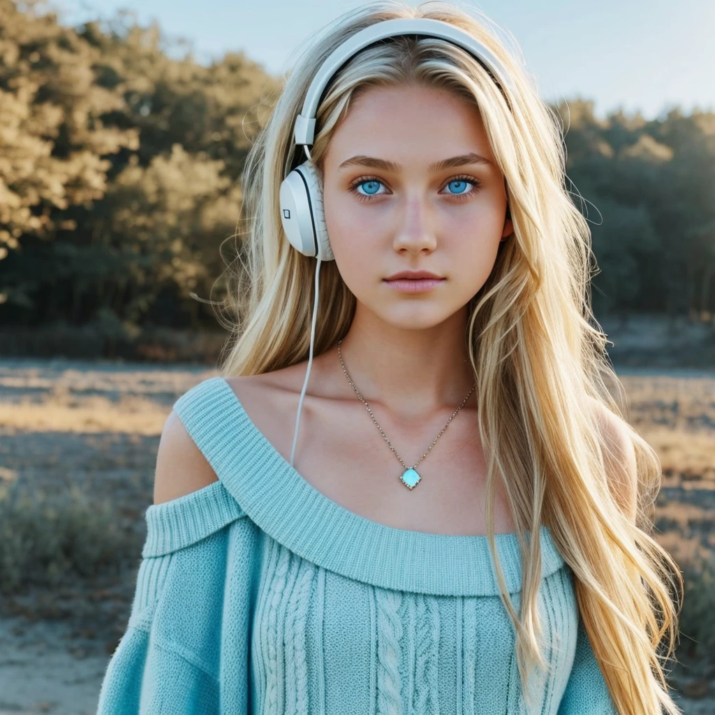 One Girl, Age 15age, alone, Long Hair, huge , View your viewers, Blonde, Bare shoulders, Blue eyes, gem, whole body, necklace, Off the shoulder, sweater, Realistic, Sexy、headphone,The top of the head is within the frame