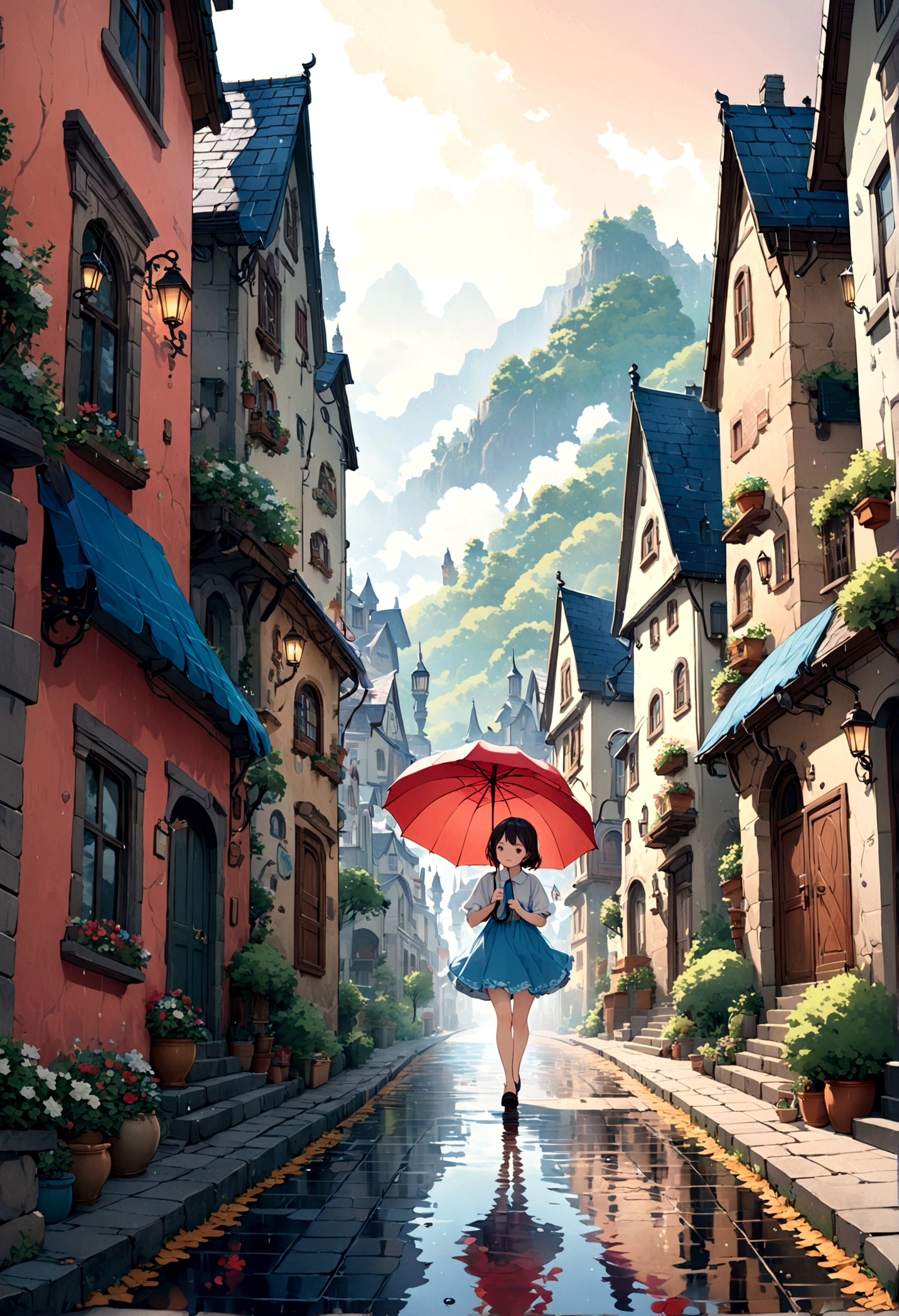 Cute illustration: Landscape,Street corner on a rainy day,A landscape that looks like an illustration from a picture book,Rich in emotion,a girl is walking,BREAK,(Girl with an umbrella),umbrella,anatomically correct,BREAK,create an artistic background,Add a drop pattern to the background,The streets are fancy, like a fairy tale,This is a cute illustration like a dream.,Please blur the lines of the droplet pattern to create an artistic expression.,Intricate details,Wide range of colors,artwork,rendering,(masterpiece:1.3),(highest quality:1.4),(Super detailed:1.5),High resolution,Very detailed,unity 8k wallpaper,structurally correct,cute