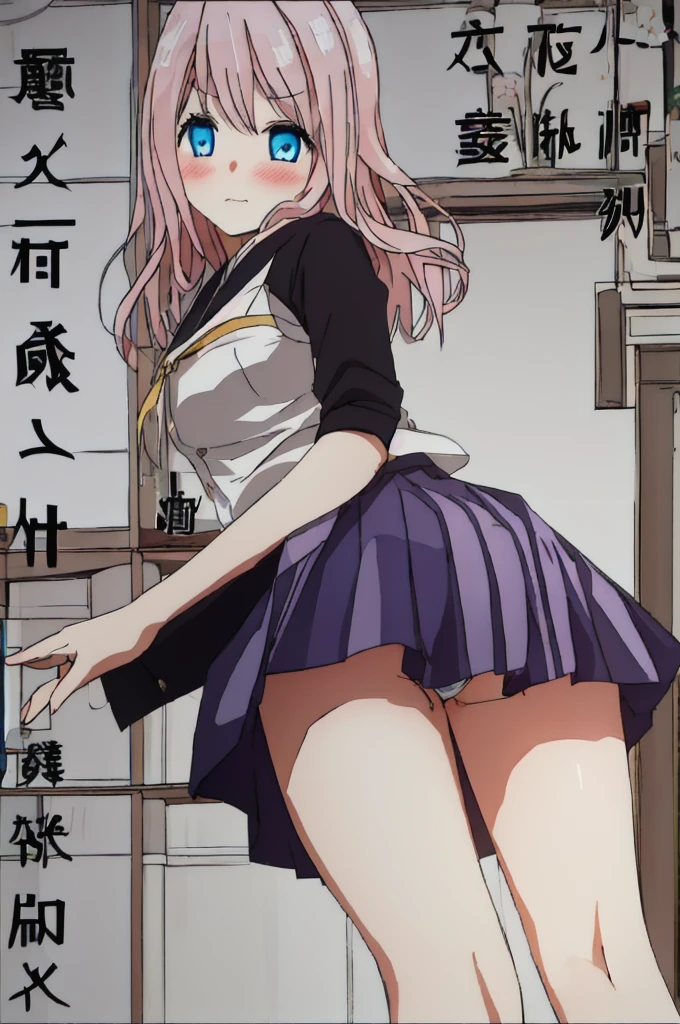 Backwards、Showing panties、Black Skirt、Blushing、Pink Hair、blue eyes、Pull up your skirt、high school girl、Japanese 、classroom、Blushing、Embarrassed、Glamorous expression、Pull up your skirt、Showing panties、Showing panties、Blushing、Glamorous expression、Pull up your skirt