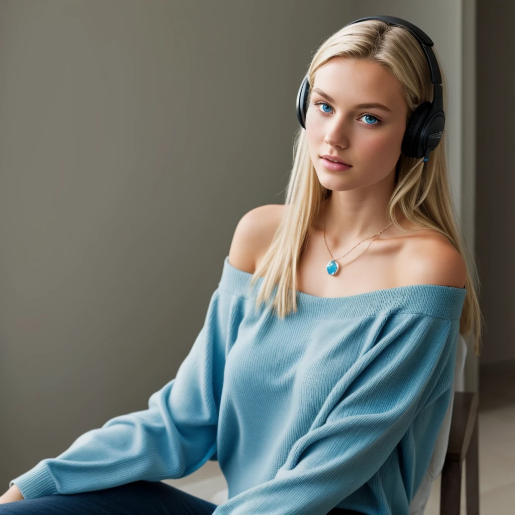 One Girl, Age 15age, alone, Long Hair, huge , View your viewers, Blonde, Bare shoulders, Blue eyes, gem, whole body, necklace, Off the shoulder, sweater, Realistic, Sexy、headphone,
