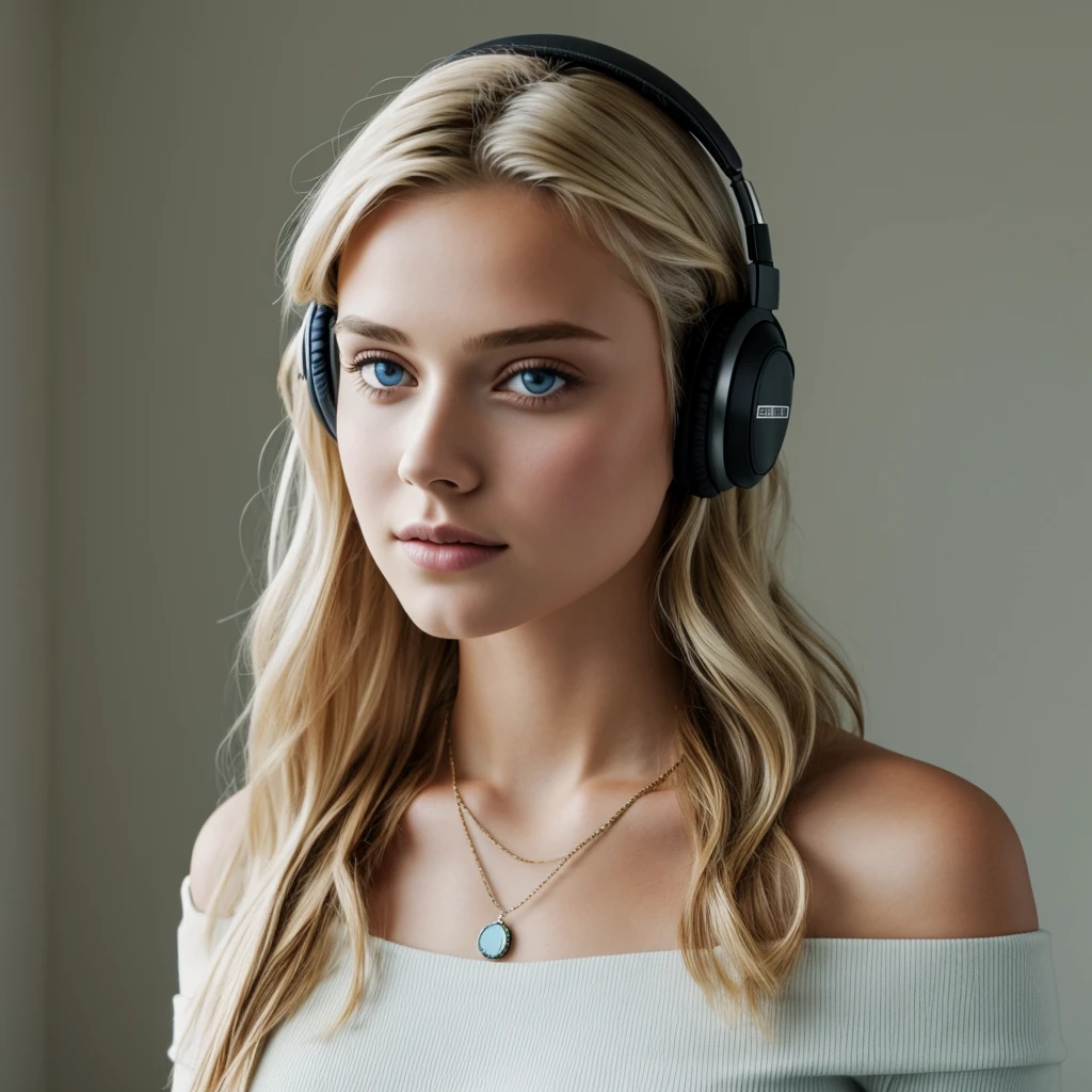 One Girl, Age 15age, alone, Long Hair, huge , View your viewers, Blonde, Bare shoulders, Blue eyes, gem, whole body, necklace, Off the shoulder, sweater, Realistic, Sexy、headphone,