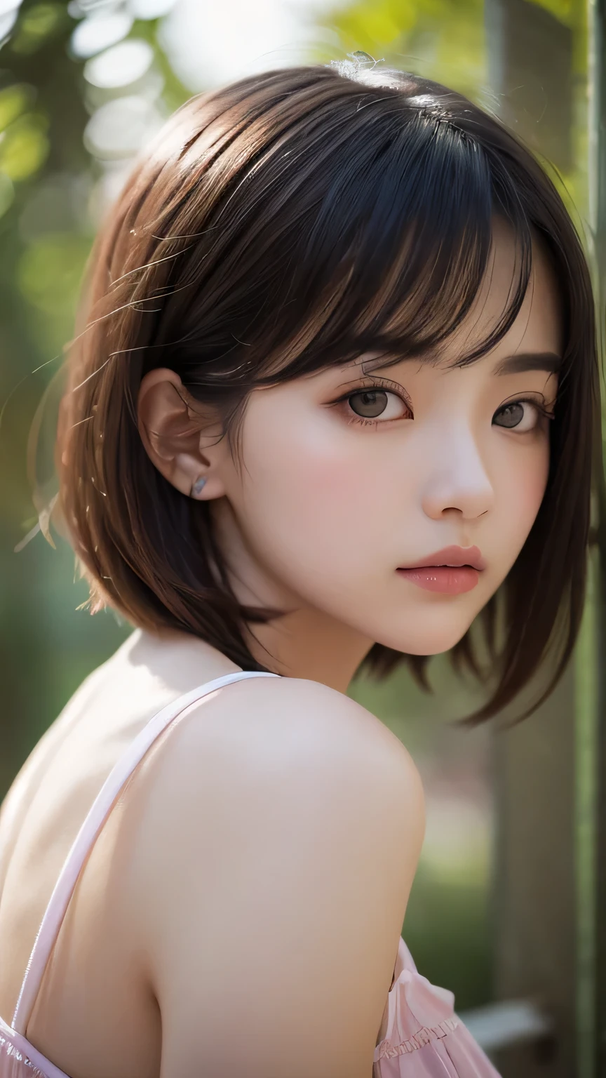 Gently illuminated by the warm light of the setting sun、Close-up portrait of a young woman with short wavy hair。The tips of the hair are slightly reddish.、Her lightly tousled hair frames her delicate face..。She stared into the distance、He has a thoughtful look on his face.。lips slightly open、I sense signs of weakness and curiosity..。The background is a blue and pink gradient.、It creates a dreamy and fantastic atmosphere。The overall atmosphere is quiet and gloomy.、There&#39;Nostalgia wafts。