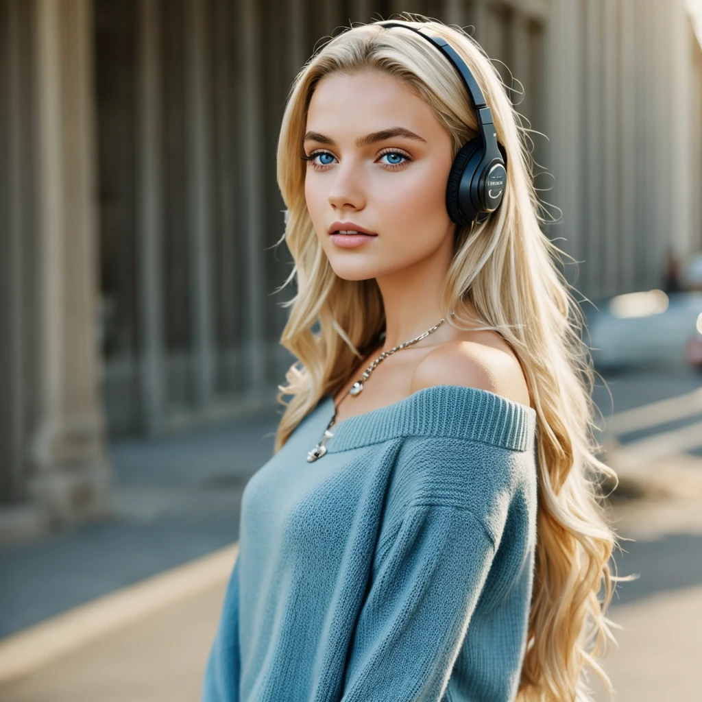 One Girl, Age 15age, alone, Long Hair, huge , View your viewers, Blonde, Bare shoulders, Blue eyes, gem, whole body, necklace, Off the shoulder, sweater, Realistic, Sexy、headphone,