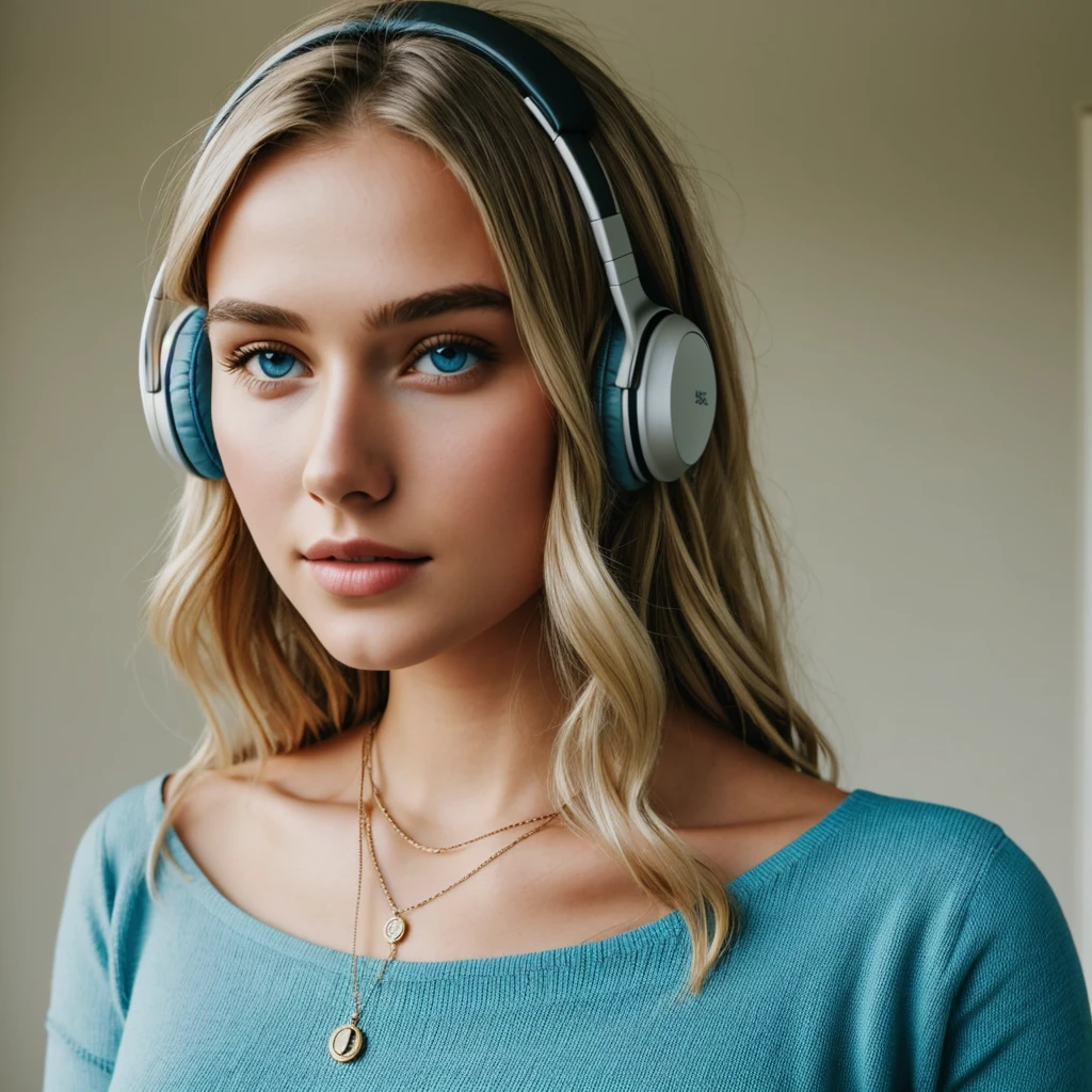 One Girl, Age 1５age, alone, Long Hair, huge , View your viewers, Blonde, Bare shoulders, Blue eyes, gem, whole body, necklace, Off the shoulder, sweater, Realistic, Sexy、headphone,