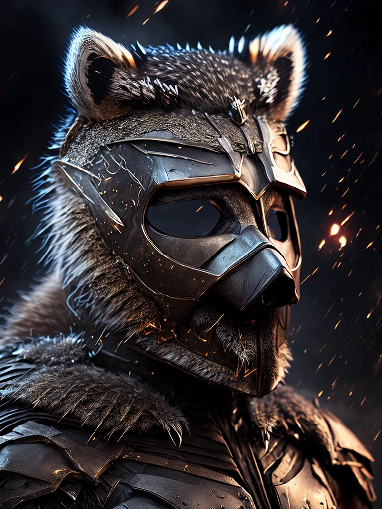 Close-up (Terminator Flash from DC in Viking style: 1.3) (raccoon mask:1.6), emerging from wet black mud, extremely detailed, smoke, sparks, metal shavings, flying debris, volumetric light
