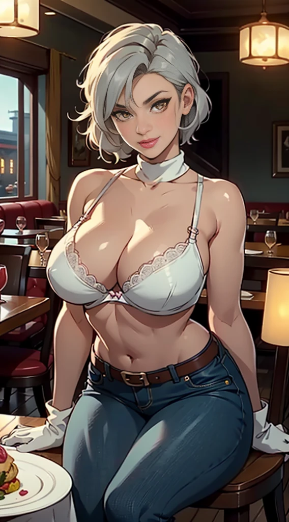 Milfs, a one woman, breasts big, gigantic breastss, Breasts huge, Mature female, heavy breasts, short hair, (silver-haired), light-skinned female, orange eyes, big-ass, Curvilinear waist, breasts resting on the table, with chin resting on hand, shoulders resting on the table, , Looking at Viewer, bra edges on sweater, sensual cleavage, full breasts, breasts larger than the head, mature face, curvy female, thick-thighs, voluptuous female, black belt, delicate gloves, bra strap appearing, soft tits, female focus, Mom's breasts, mommy, charming countenance, Imposing female, high waisted jeans, cloth sweater, teasing with your breasts, sitting on a restaurant chair, a date, First-person view, in front of the suitor, Silly smile, hearts over the head, plates with food on the table, candle lighting, in an elegant restaurant, glass of wine on the side, sitting in front of the viewer, (sitting at a table in a restaurant), upper body shot, partially visible body, crowded restaurant in the background, in the nighttime, Romantic mood, silver-haired
