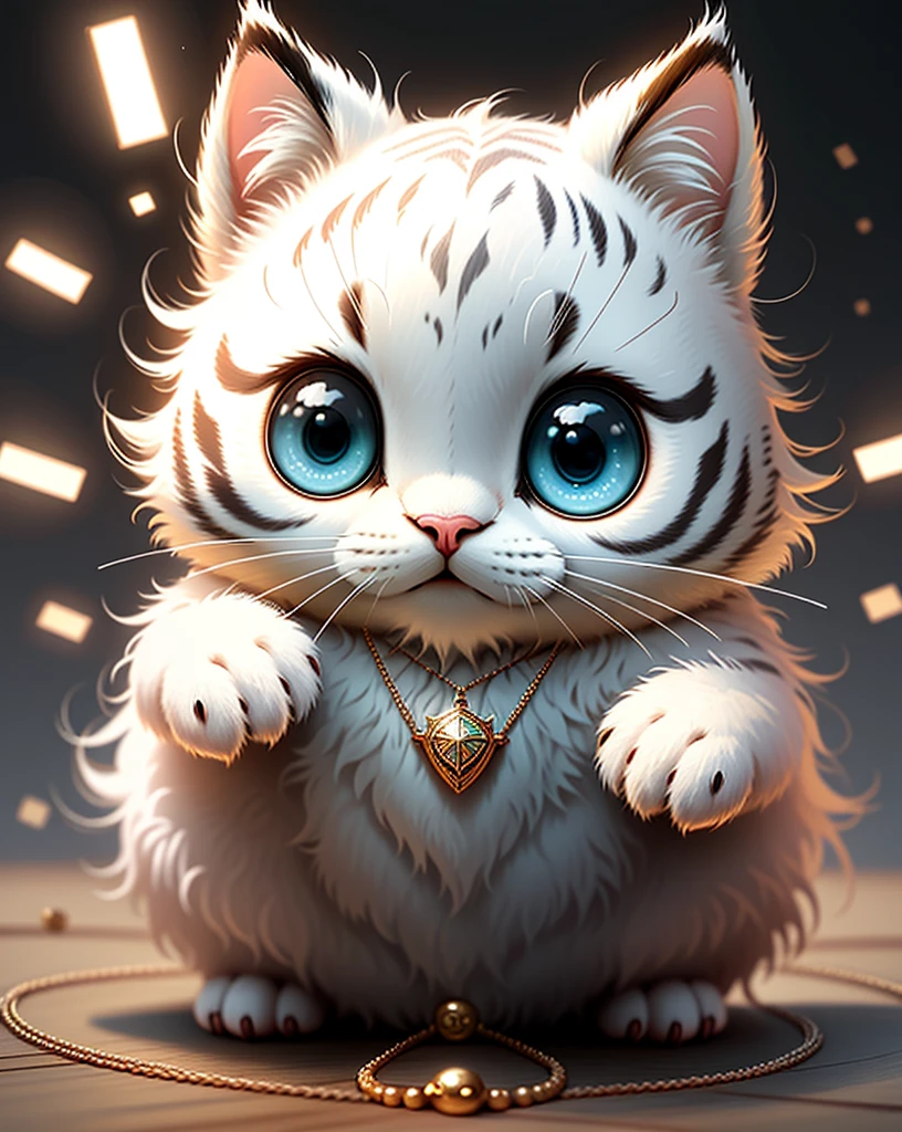 Wearing a necklace、With eyes of different colors、Small and surreal cute white tiger, Little, Lovely and fluffy, Logo Design, comics, Cinematic Lighting Effects, Charm, 3D vector art, Cute and quirky, Fantasy art, Bokeh, Written by hand, Digital Painting, Soft lighting, isometric style, 4K resolution, Photorealistic Rendering, Very Detailed and Clean, Vector Image, A photorealistic masterpiece, Professional photography, Simple space background, Flat white background, isometric, vivid vector