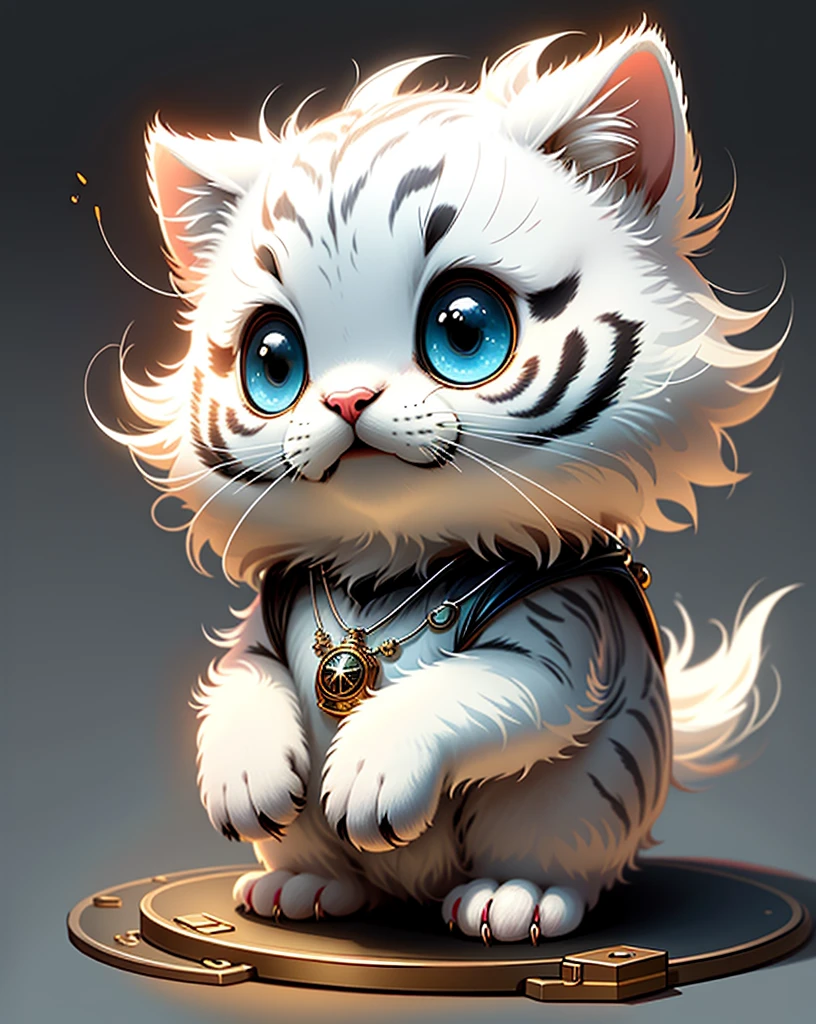 Wearing a necklace、With eyes of different colors、Small and surreal cute white tiger, Little, Lovely and fluffy, Logo Design, comics, Cinematic Lighting Effects, Charm, 3D vector art, Cute and quirky, Fantasy art, Bokeh, Written by hand, Digital Painting, Soft lighting, isometric style, 4K resolution, Photorealistic Rendering, Very Detailed and Clean, Vector Image, A photorealistic masterpiece, Professional photography, Simple space background, Flat white background, isometric, vivid vector