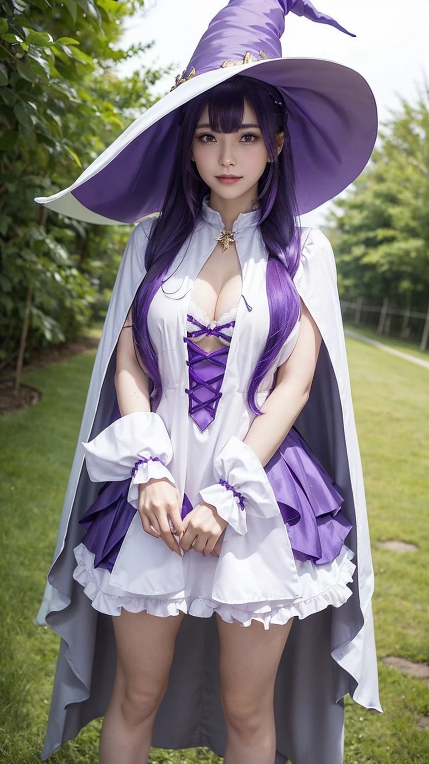 (A revealing white and purple witch cosplay、Witch Hat、Witch&#39;s wand、Witch&#39;s Short Skirt、Witch Boots、Witch sitting by the window:1.2、Cosplay with jeweled decorations)、Embarrassed expression、Worried brow、Braiding, Thighs、Camel Toe、knees、Big nipples、Chest to chest, choker、Beautiful eyes、Gorgeous earrings、Beautiful woman with perfect figure、Slim Abs、Thick brown hair, Big boobs bigger than your head:1.4, Highly detailed face and skin texture, double eyelid, Exposed breasts,  (Fishnet tights)、(((Night Sky:1.4)))、(Night Sky、Starry Sky、Crescent Moon、Night Skyの背景:1.4)、(Show your nipples to viewers:1.4)