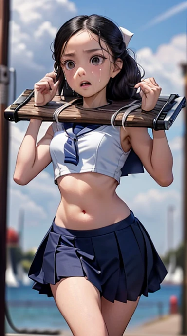 ((white crop top sailor suit)), blue student skirts, open navel, open belly, (show abdomen area), (((pillory))), 