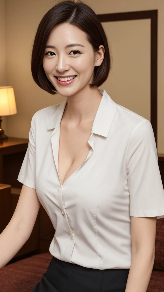 portrait、8K、high quality、realistic photo images、39 years old、japanese woman nude、proper wife、young proprietress of an inn、Reproduces natural and realistic eyes、Japanese Stand、、Beautiful black hair、short hair、short hair、light makeup、octane rendering、beautiful lighting、composition of golden ratio、laughter、short sleeveの服、bright colors、casual clothes、Short sleeve hotel staff uniform、short sleeve、Mini skirt outfit、mini skirt、thighs、very short skirt、On a futon at a hot spring inn、Japanese-style inn、Welcome customers、welcome、、4K、High level image quality、realistic photo images、japanese woman、45 years old、Pure Japanese humanity、beautiful wife、Upper body、beautiful bust、Bulge of the bust、cleavage、Open your bust to show your bra、light makeup、、neat beauty、mature woman、refreshing smile、open your mouth、black hair、black eye、spread one&#39;s legs wide、show panties、flip up the skirt、panties are visible、squatting down、M-shaped legs spread、Panties fully visible、squat、take off panties