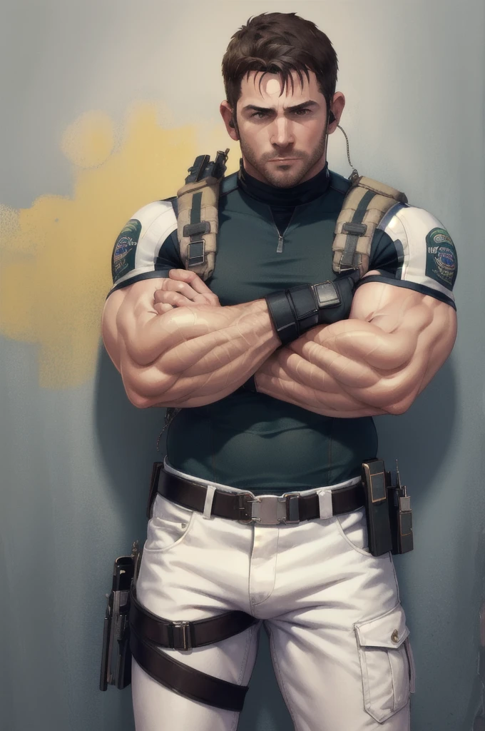 (masterpiece, best quality:1.2), cowboy shot, solo, male focus, 1boy, chris redfield, muscular male, looking at viewer, crossed arms,Hair on the chest
, white pants, (fingerless gloves:1.1), belt