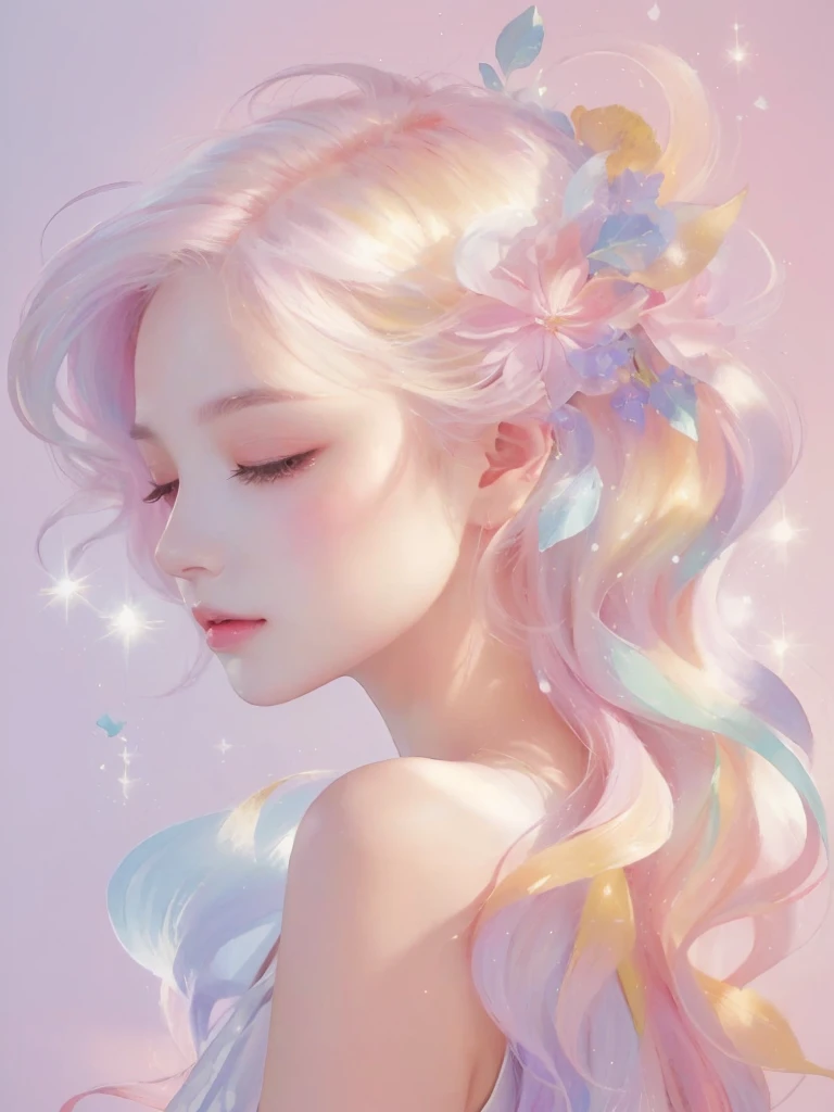 Long hair、Close-up of a woman with flowers in her hair, rossdraws pastel vivid, Beautiful artwork illustration, Beautiful digital illustrations, Inspired by Yanjun Chen, Beautiful anime portraits, Soft anime illustration, Exquisite digital illustrations, Heavenly Beauty, In the art style of Bouwater, Beautiful fantasy art portraits, Pastel drawing, Beautiful digital painting